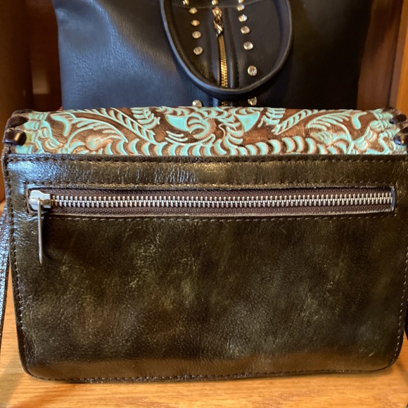 Purse, Leather, Indian Design, Turquoise & Brown, Patricia Nash Lanza Crossbody - Picture 5 of 16